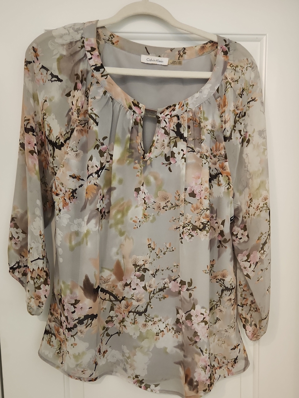 Calvin Klein Sheer Floral Keyhole Blouse in Light Gray and Pink